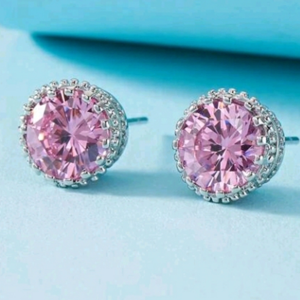 Pink Rhinestone Silver Earrings - Picture 3 of 3